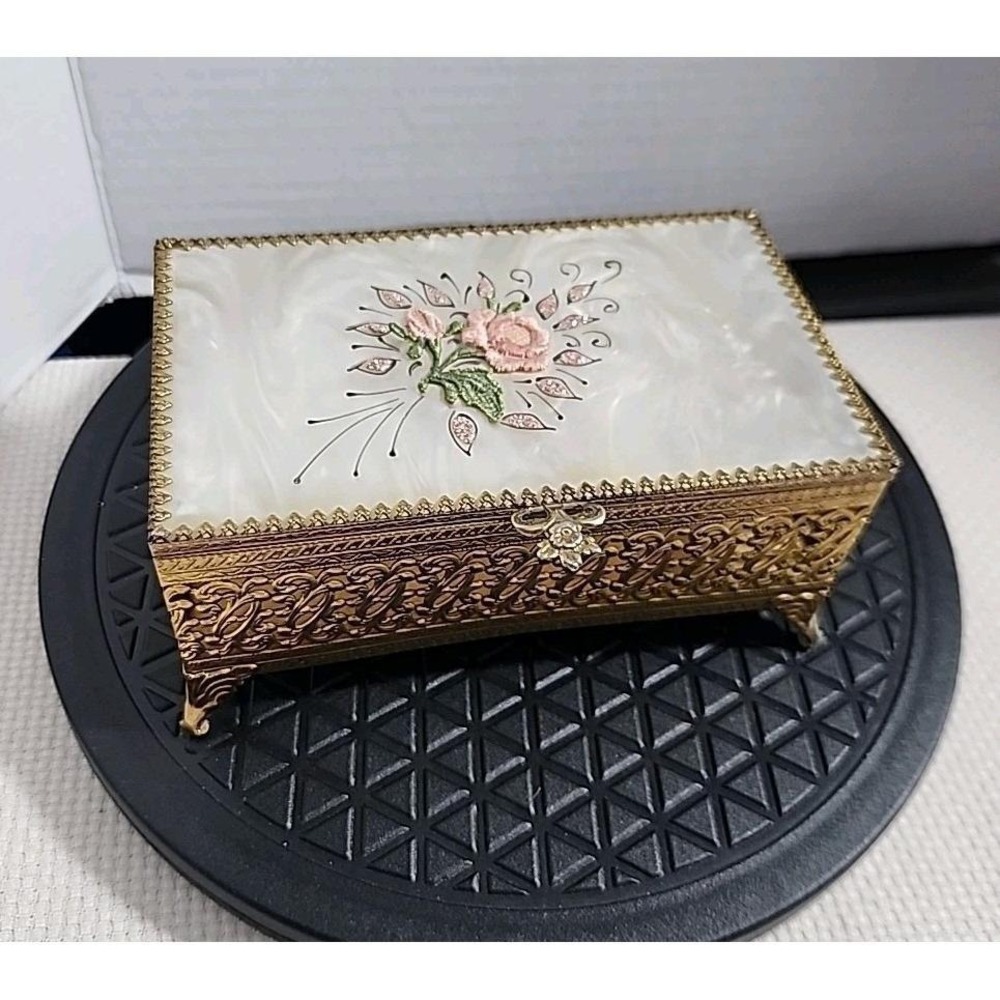 Vintage Art Nouveau Pearl Top Floral Jewelry Trinket Casket Box Filigree